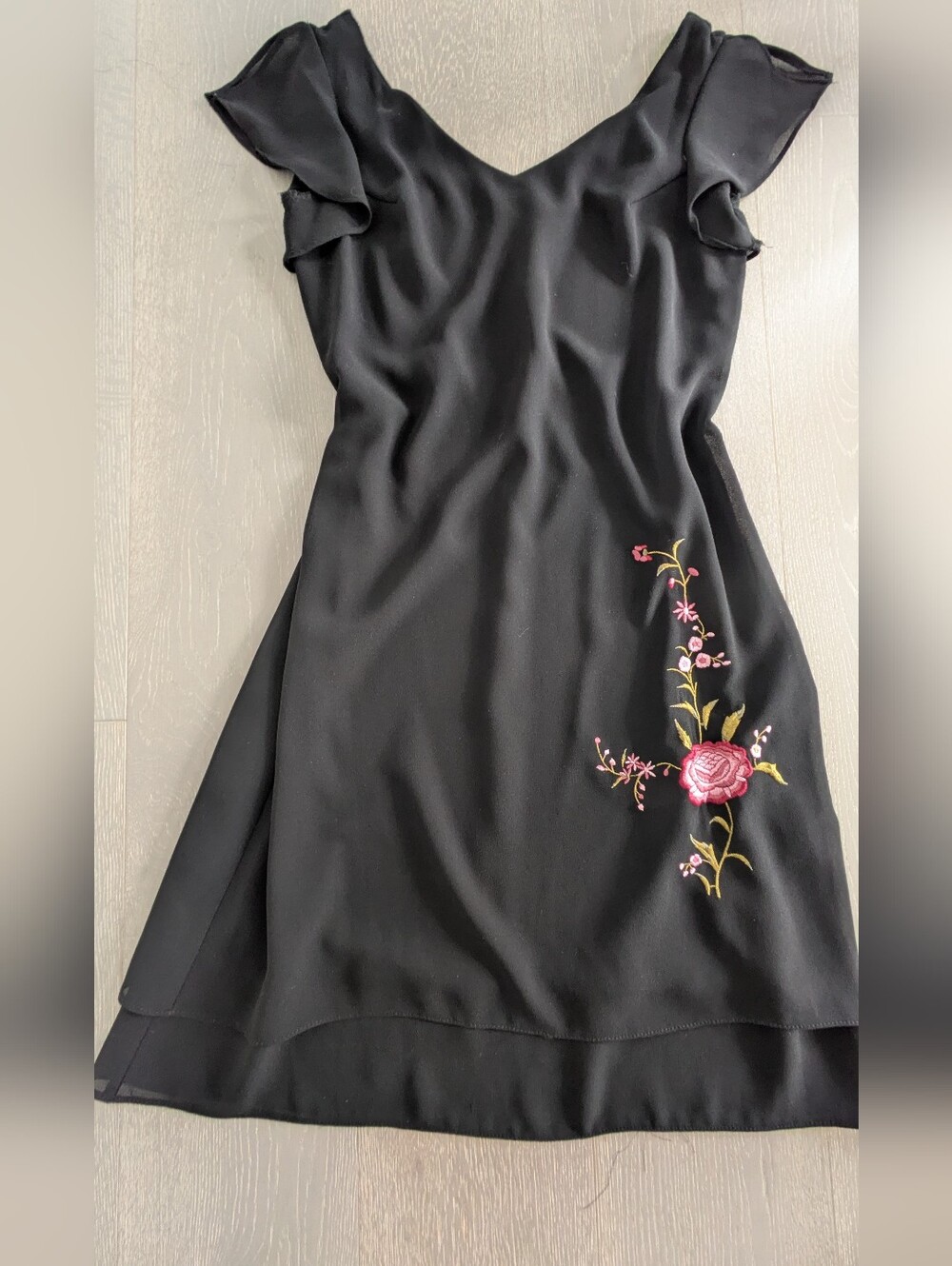 Black Floral Embroidered V-Neck Women's Dress